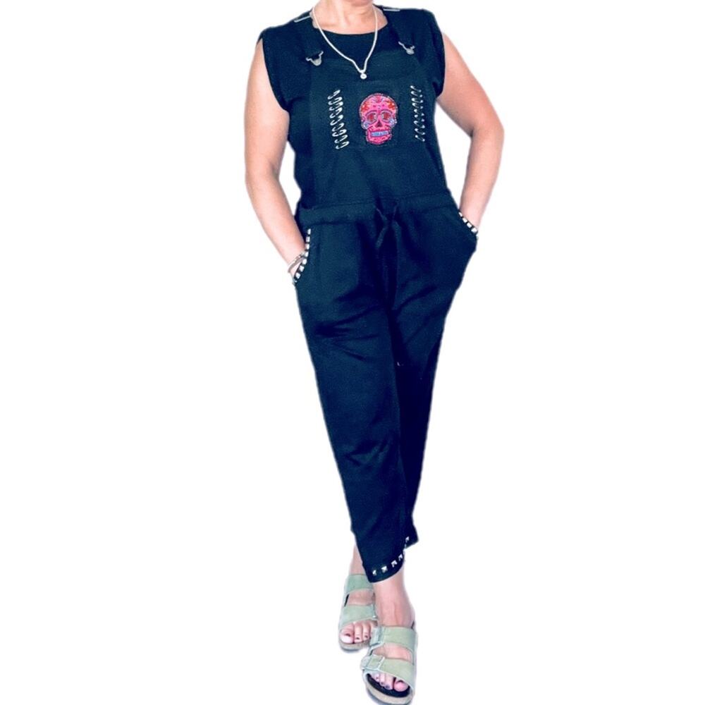 Women's Reworked Overalls 1 of 1 embellishments custom black crop hem adjustable